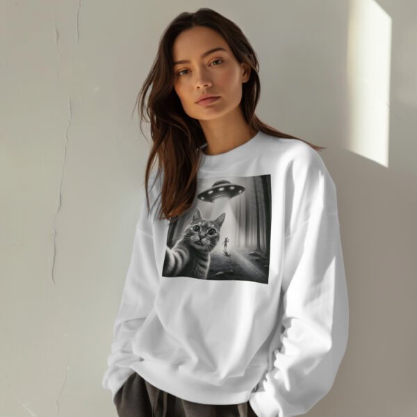 Alien Cat Selfie Sweatshirt – UFO Aesthetic Drop Shoulder Crewneck | Unisex Streetwear - Image 6