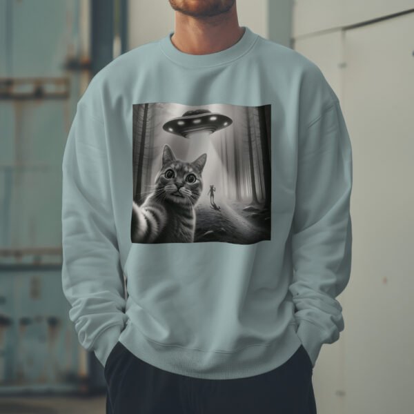 Alien Cat Selfie Sweatshirt – UFO Aesthetic Drop Shoulder Crewneck | Unisex Streetwear - Image 3