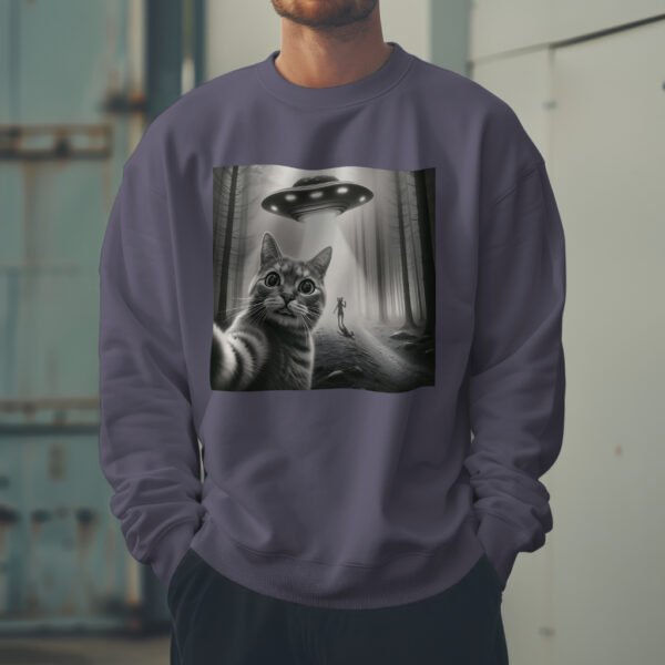 Alien Cat Selfie Sweatshirt – UFO Aesthetic Drop Shoulder Crewneck | Unisex Streetwear - Image 4