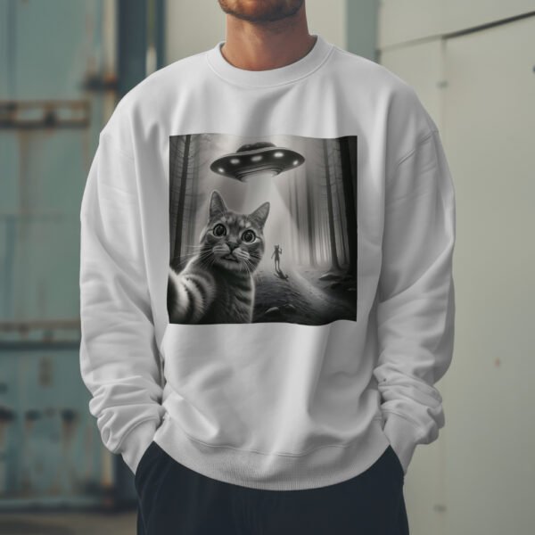 Alien Cat Selfie Sweatshirt – UFO Aesthetic Drop Shoulder Crewneck | Unisex Streetwear - Image 2