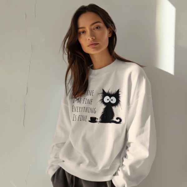 Premium Drop Shoulder Crewneck Sweatshirt – Sleepy Black Cat & Coffee - Image 6