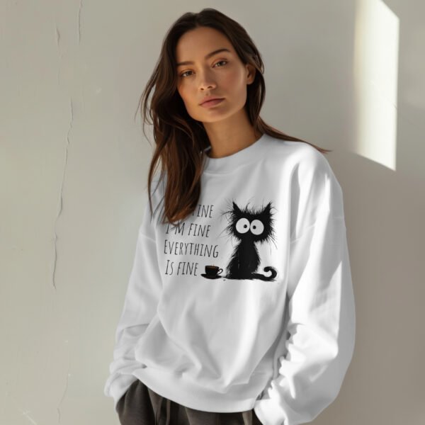 Premium Drop Shoulder Crewneck Sweatshirt – Sleepy Black Cat & Coffee - Image 3