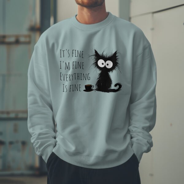 Premium Drop Shoulder Crewneck Sweatshirt – Sleepy Black Cat & Coffee - Image 4