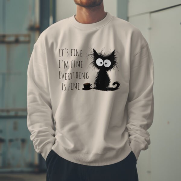 Premium Drop Shoulder Crewneck Sweatshirt – Sleepy Black Cat & Coffee - Image 2