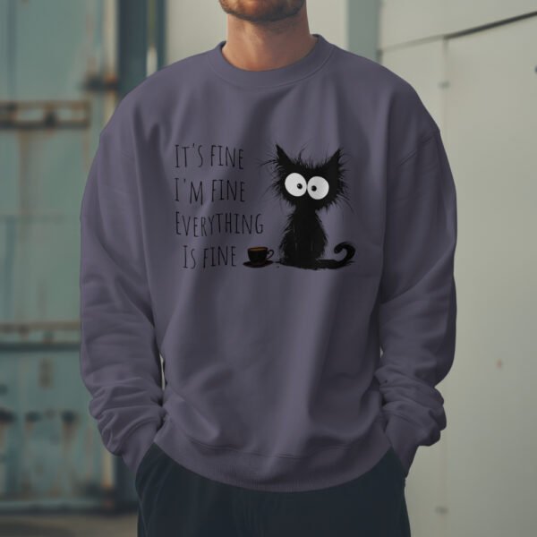 Premium Drop Shoulder Crewneck Sweatshirt – Sleepy Black Cat & Coffee - Image 5