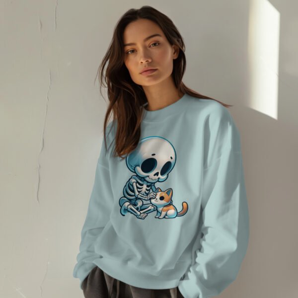 Premium Drop Shoulder Crewneck Sweatshirt – Cute Skeleton & Cat - Image 9