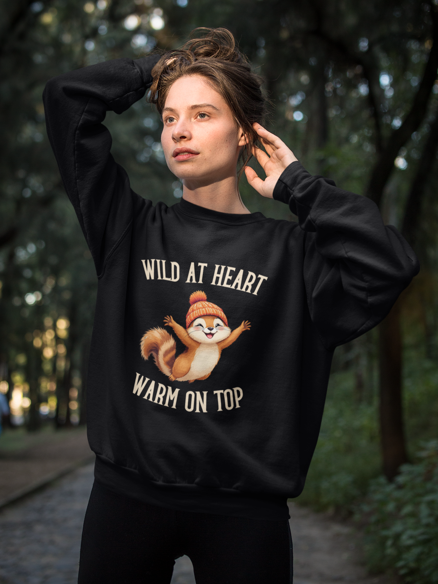 Premium Unisex Crewneck Sweatshirt – 'Wild at Heart, Warm on Top' Cute Squirrel Graphic Pullover