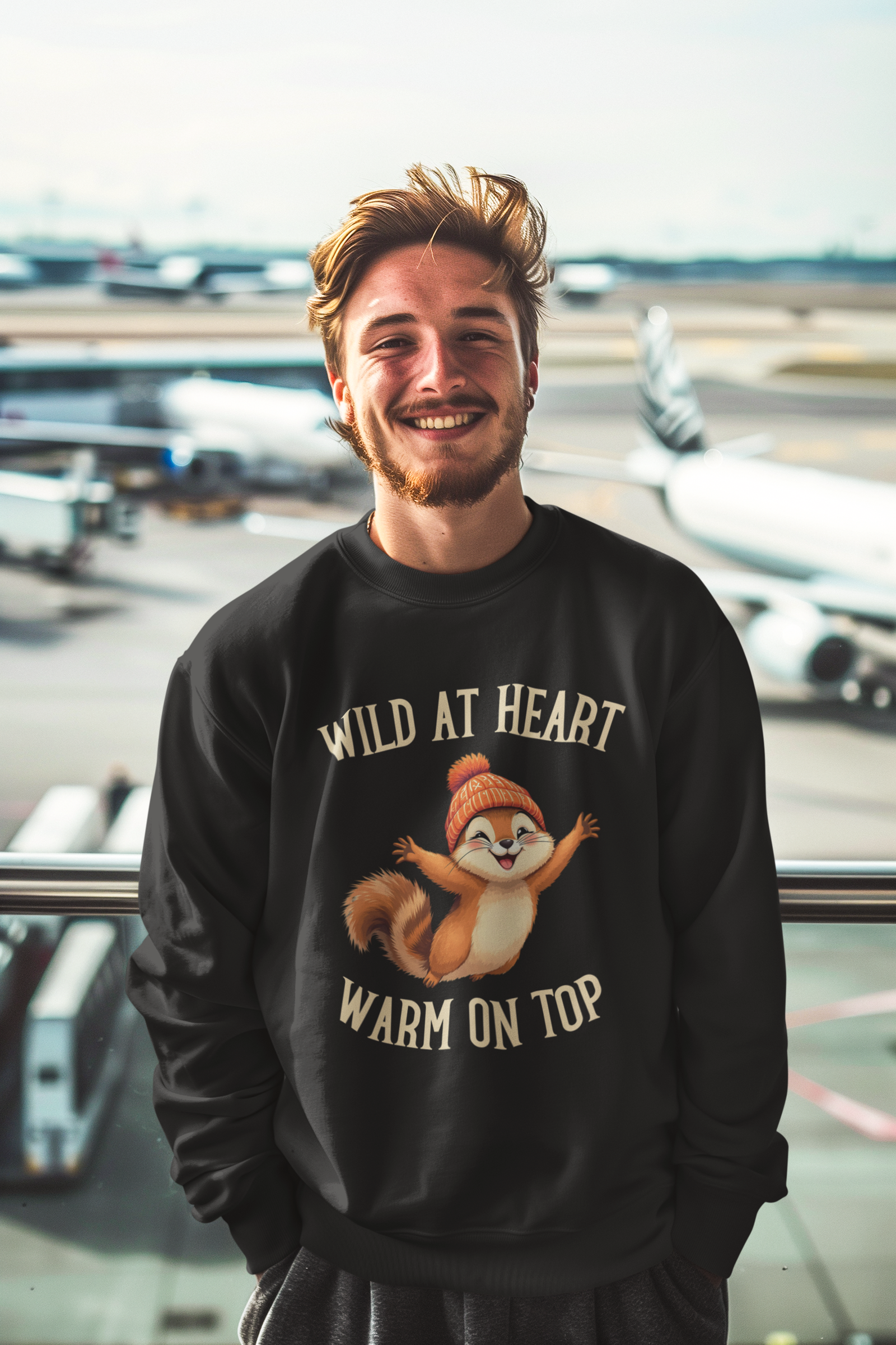 Premium Unisex Crewneck Sweatshirt – 'Wild at Heart, Warm on Top' Cute Squirrel Graphic Pullover - Image 2
