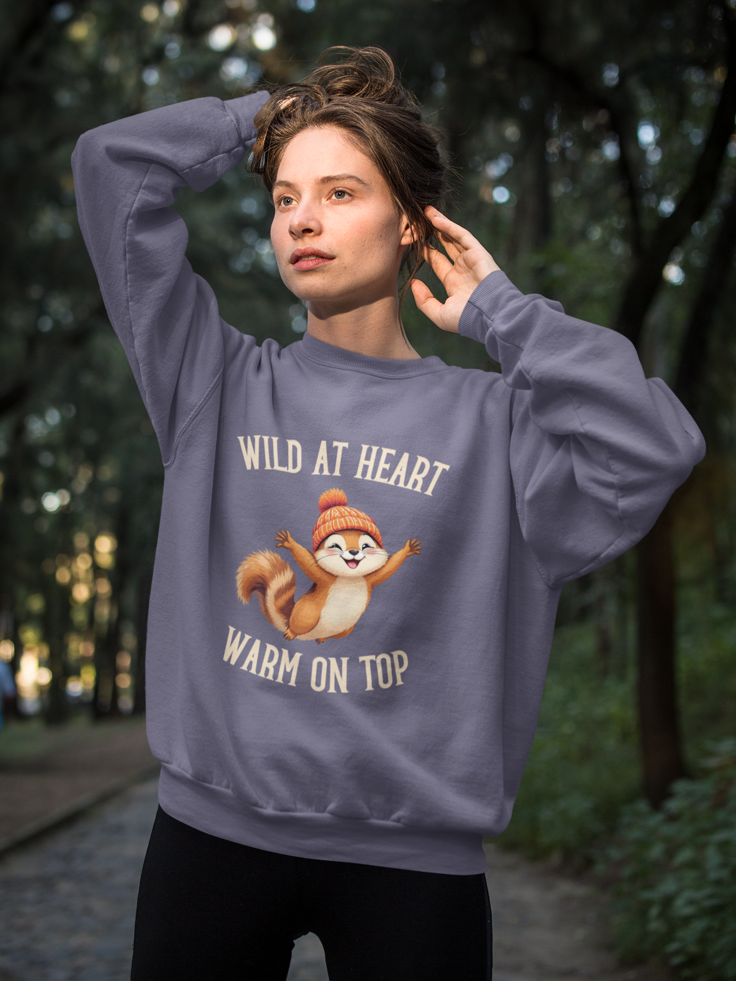 Premium Unisex Crewneck Sweatshirt – 'Wild at Heart, Warm on Top' Cute Squirrel Graphic Pullover - Image 9