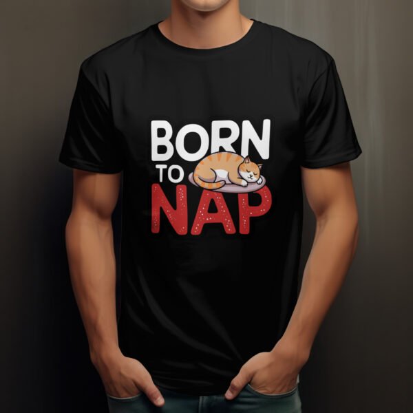 Premium Unisex Crewneck T-Shirt – 'Born to Nap' Funny Sleeping Cat Graphic Tee - Image 3