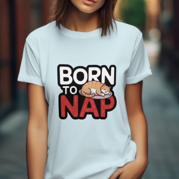 Premium Unisex Crewneck T-Shirt – 'Born to Nap' Funny Sleeping Cat Graphic Tee - Image 6