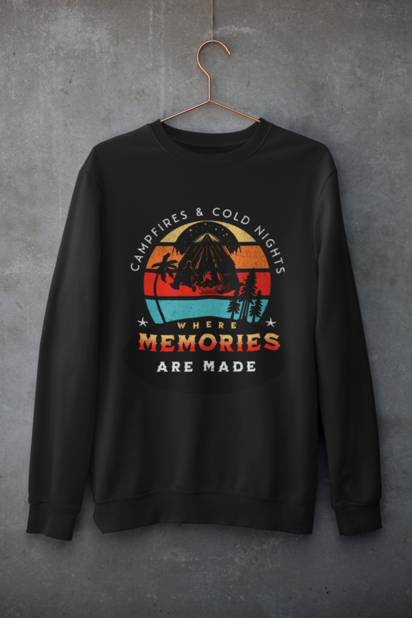Premium Unisex Crewneck Sweatshirt – 'Campfires & Cold Nights, Where Memories Are Made' Graphic Pullover