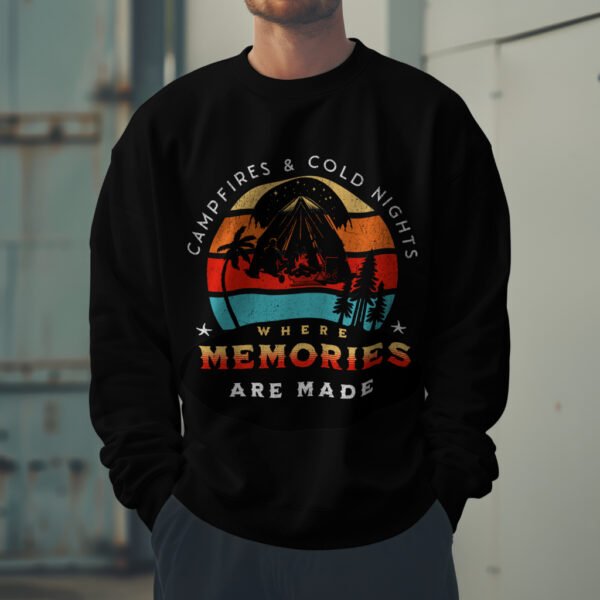 Premium Unisex Crewneck Sweatshirt – 'Campfires & Cold Nights, Where Memories Are Made' Graphic Pullover - Image 2
