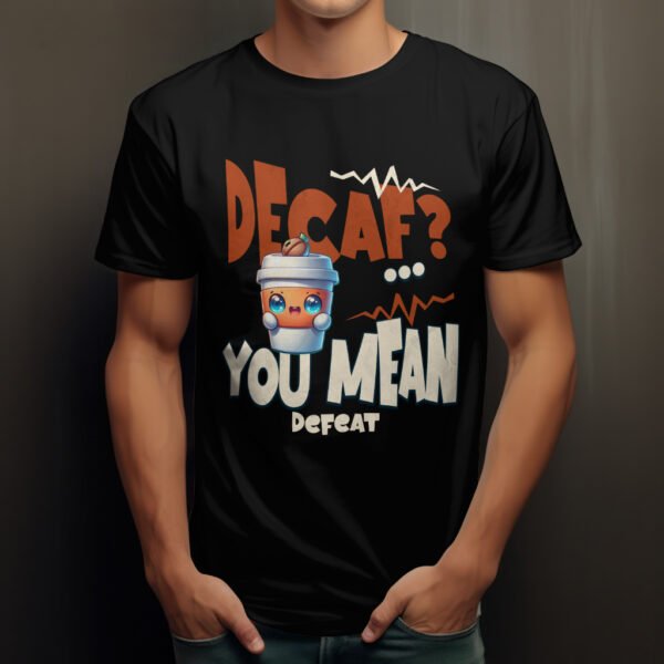 Premium Unisex Crewneck T-Shirt – 'Decaf? You Mean Defeat' Funny Graphic Tee