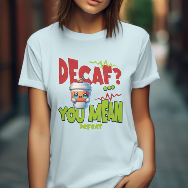 Premium Unisex Crewneck T-Shirt – 'Decaf? You Mean Defeat' Funny Graphic Tee - Image 10