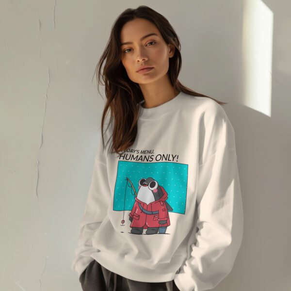 Premium Unisex Crewneck Sweatshirt – 'Today's Menu: Humans Only' Funny Shark Graphic Pullover - Image 6