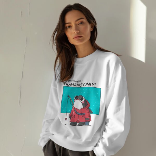 Premium Unisex Crewneck Sweatshirt – 'Today's Menu: Humans Only' Funny Shark Graphic Pullover - Image 2
