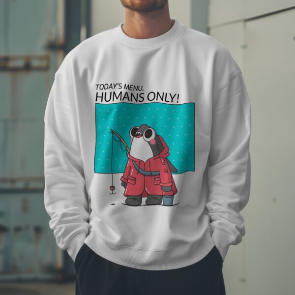 Premium Unisex Crewneck Sweatshirt – 'Today's Menu: Humans Only' Funny Shark Graphic Pullover