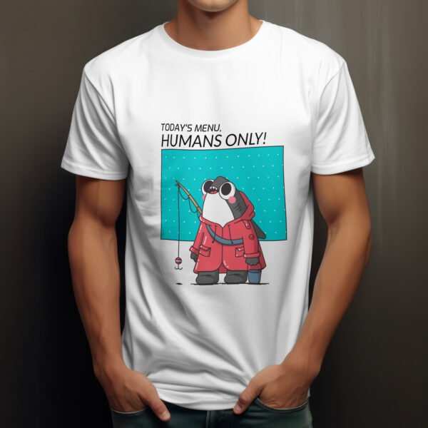 Premium Unisex Crewneck T-Shirt – 'Today's Menu: Humans Only' Funny Shark Graphic Tee