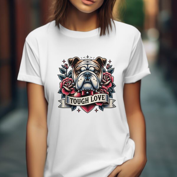 Premium Unisex Crewneck T-Shirt – 'Tough Love' Bulldog Graphic Tee - Image 2