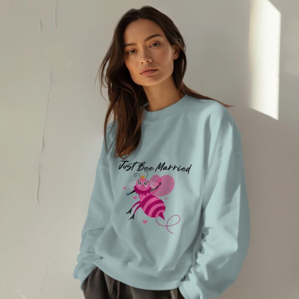Premium Unisex Crewneck Sweatshirt – 'Just Bee Married' Cute Newlywed Bee Graphic Pullover - Image 2